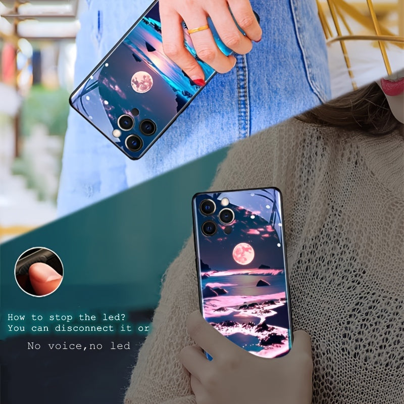 Glowing Meteor Sunset Beach Smart Voice-Controlled Luminous Phone Case Compatible with Samsung S24 Ultra/S23 Ultra/S23 FE/S21 FE/S22 Ultra/S21 Ultra/Iphone 15 14 Plus 13 12 11 Pro Max, Featuring Night Glow Technology And an E